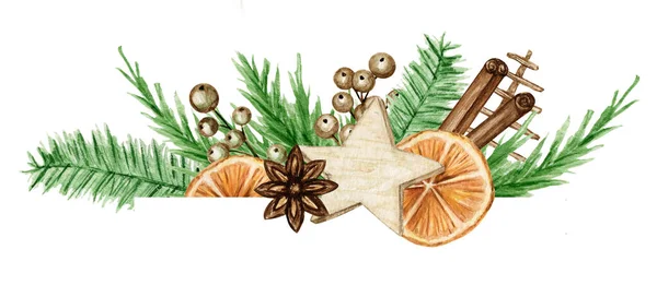 Karácsonyi Boho csokrok fenyőágakkal, fahéj pálca, csillag ánizs, narancs. Akvarell Vintage kompozíció elszigetelt illusztráció. Karácsonyi, szilveszteri kártyák és meghívók tervezéséhez — Stock Fotó