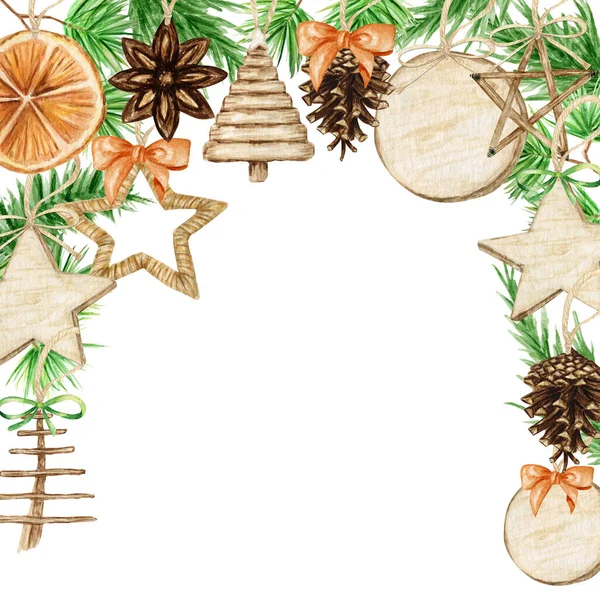 Рождественская рама Бохо с сосновыми ветвями, палочкой корицы, звездным анисом, апельсином. Акварель Винтажные границы изолированные иллюстрации. Для оформления рождественских, новогодних открыток и приглашений — стоковое фото