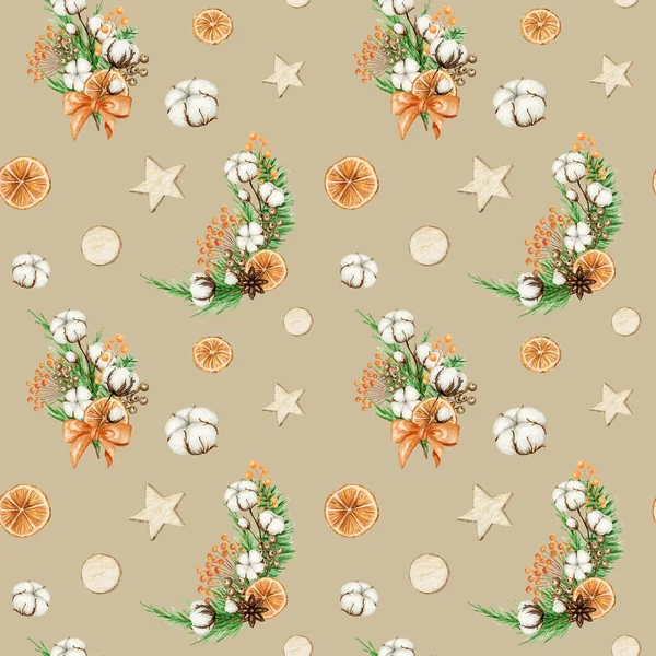 Patrón sin costuras de Navidad con flores de algodón ramas de pino, estrellas de madera, naranja. Acuarela Ilustración de fondo estilo Boho Vintage. Papel de embalaje, Scrapbooking, tela Diseño respetuoso del medio ambiente —  Fotos de Stock