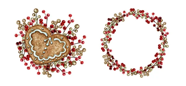 Christmas gingerbread cookies heart Wreath Greeting card, poster, banner concept. Round Frame of red berries on white background, New Year watercolor hand drawn illustration with copy space for text Royalty Free Stock Images