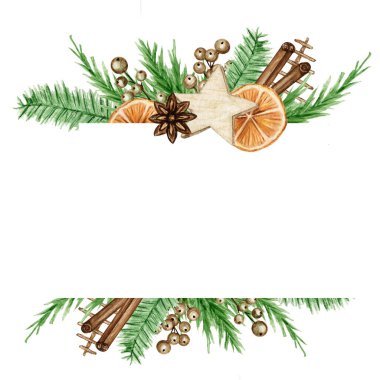 Noel Boho çerçevesi, çam dalları, tarçın çubuğu, yıldız anason, turuncu. Suluboya Vintage, izole edilmiş resimle sınırlıdır. Noel, yeni yıl kartları ve davetiyeler için.