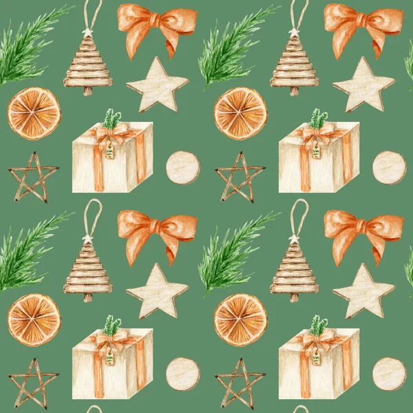 Christmas seamless pattern with pine branches, gifts, wooden stars, orange. Watercolor Vintage Boho style background illustration. Wrapping Paper, Scrapbooking, fabric texture Eco friendly design — Stock Photo, Image