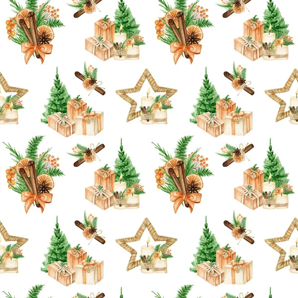 圣诞无缝图案与松树枝，礼物，木星，蜡烛。水彩画风格的Boho背景图.包装纸、剪纸、面料质感环保设计 — 图库照片