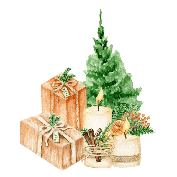 Акварель зеленая елка с подарками коробки, свечи, подарки с шелковой лентой луки и сосновые ветви Изолированная иллюстрация на белом фоне. Ручные элементы — стоковое фото