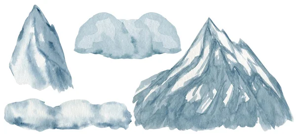 Akvarell berg hög topp ritning, illustration, vinter vilda natur landskap, ekologi berg silhuett isolerad raster hand dras — Stockfoto