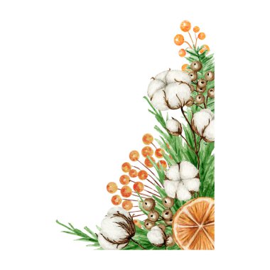 Çam dallı Noel Boho buketleri, tarçın çubuğu, yıldız anason, pamuk çiçeği. Suluboya Vintage kompozisyonu izole edilmiş. Noel tasarımı, yeni yıl kartları, davetiyeler için