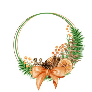 Noel çelengi çerçevesi, çam dalları, tarçın çubuğu, yıldız anason, portakal. Suluboya Vintage, izole edilmiş resimle sınırlıdır. Noel, yeni yıl kartları ve davetiyeler için.