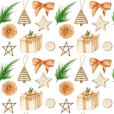 Çam dalları, hediyeler, ahşap yıldızlar ve portakallı Noel deseni. Suluboya Vintage Boho tarzı arkaplan çizimi. Paketleme Kağıdı, Koleksiyon Defteri, Kumaş dokusu Çevre dostu tasarım