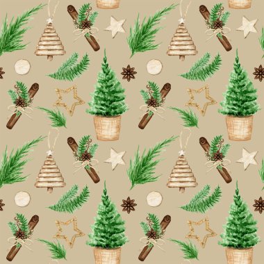 Çam ağacı dalları, ahşap yıldızlar, tarçın çubuğu, yıldız anason desenli Noel deseni. Suluboya Vintage Boho tarzı arkaplan çizimi. Paketleme Kağıdı, Koleksiyon Defteri, Kumaş Dokusu Tasarımı