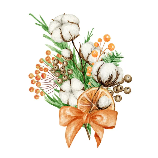 Vánoční boho kytice s borovicovými větvemi, skořicová tyčinka, hvězdicový anýz, bavlníkový květ. Akvarel Ročník složení izolované ilustrace. Pro design Vánoc, novoroční přání, pozvánky — Stock fotografie