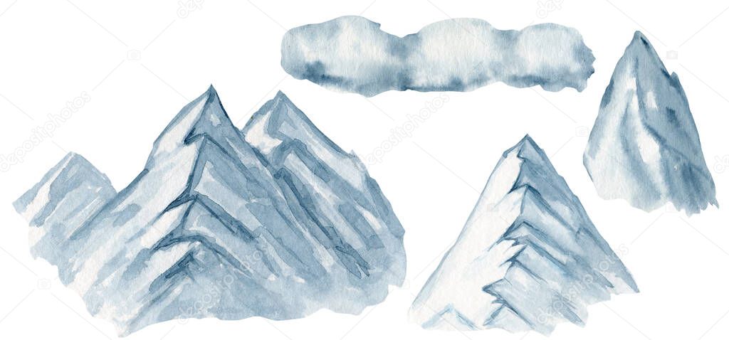 Watercolor mountain high peak drawing, illustration, winter wild nature landscape, ecology mountains silhouette isolated raster hand drawn