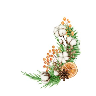 Çam dallı Noel Boho buketleri, tarçın çubuğu, yıldız anason, pamuk çiçeği. Suluboya Vintage kompozisyonu izole edilmiş. Noel tasarımı, yeni yıl kartları, davetiyeler için