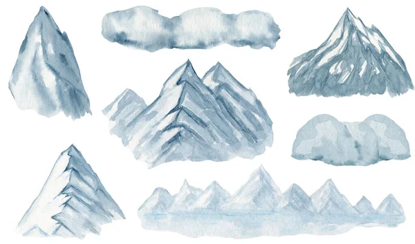 Высокая вершина акварели рисунок, иллюстрация, зимний дикий природный ландшафт, экологический силуэт гор, выделенный растровой рукой — стоковое фото