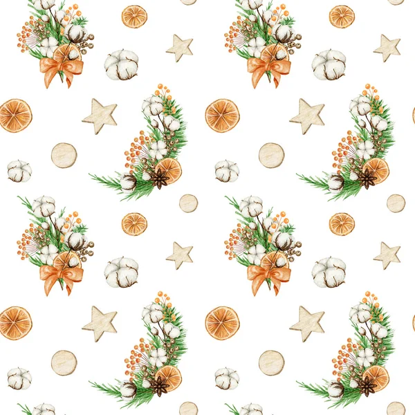 Patrón sin costuras de Navidad con flores de algodón ramas de pino, estrellas de madera, naranja. Acuarela Ilustración de fondo estilo Boho Vintage. Papel de embalaje, Scrapbooking, tela Diseño respetuoso del medio ambiente —  Fotos de Stock