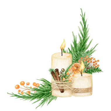 Çam dallı Noel Boho buketi, mum, tarçın çubuğu, yıldız anason, portakal. Suluboya Vintage, izole edilmiş resimle sınırlıdır. Yeni yıl kartlarının inanç ya da din sembolü tasarımı