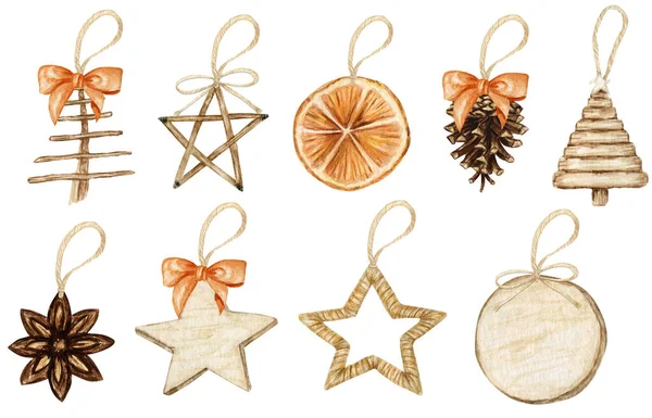 Winter Christmas New Year wooden decoration with bow set. Watercolor Star Cones Orange illustration Isolated on white background. Christmas tree eco friendly decor. Closeup. — Stock Photo, Image
