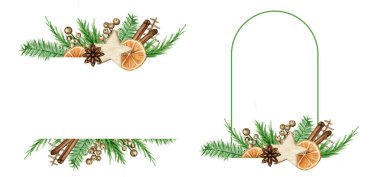 Noel Boho çerçevesi, çam dalları, tarçın çubuğu, yıldız anason, turuncu. Suluboya Vintage, izole edilmiş resimle sınırlıdır. Noel, yeni yıl kartları ve davetiyeler için.