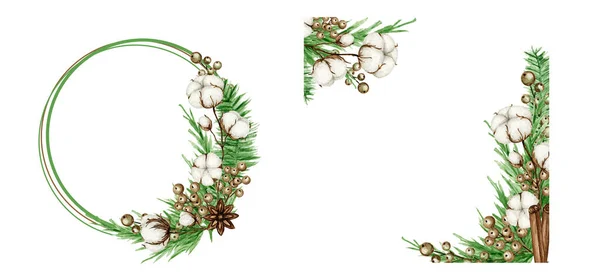 Karácsonyi Boho koszorú készlet fenyő ágak, fahéj pálca, csillag ánizs, Cotton virág. Akvarell Vintage téli határ Újévi kártyák, meghívók — Stock Fotó