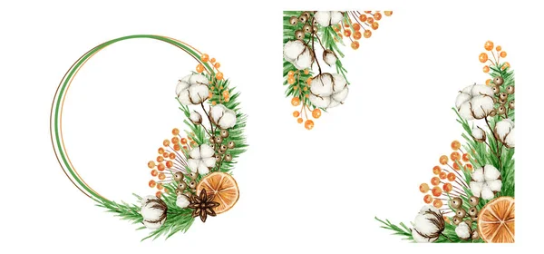 Karácsonyi Boho koszorú készlet fenyő ágak, fahéj pálca, csillag ánizs, Cotton virág. Akvarell Vintage téli határ Újévi kártyák, meghívók — Stock Fotó