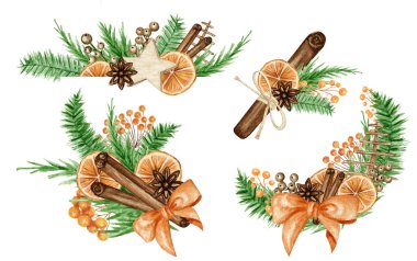 Noel Boho buketleri, çam dalları, tarçın çubuğu, yıldız anason, portakal. Suluboya Vintage kompozisyonu izole edilmiş. Noel, yeni yıl kartları ve davetiyeler için.