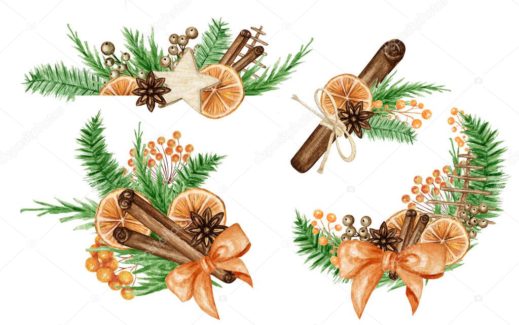 Christmas Boho bouquets set with pine branches, Cinnamon stick, star anise, Orange. Watercolor Vintage composition isolated illustration. For the design of Christmas, New Year cards and invitations