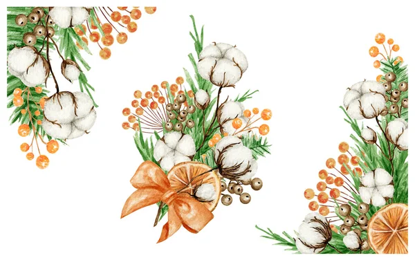松の枝、シナモンスティック、星のアニス、綿の花で設定されたクリスマスボホールの花束。水彩ヴィンテージの国境新年カード、招待状 — ストック写真