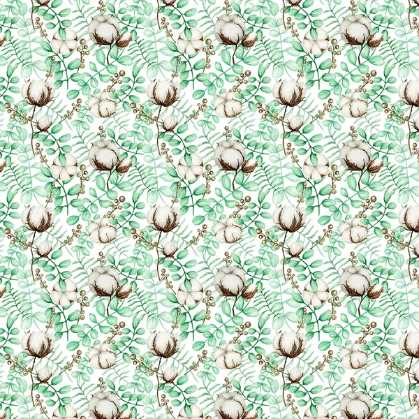 水彩花分枝无缝图案.植物学手绘生态产品说明.棉花花蕾球是老式风格的.绿色桉树叶自然面料纹理设计 — 图库照片