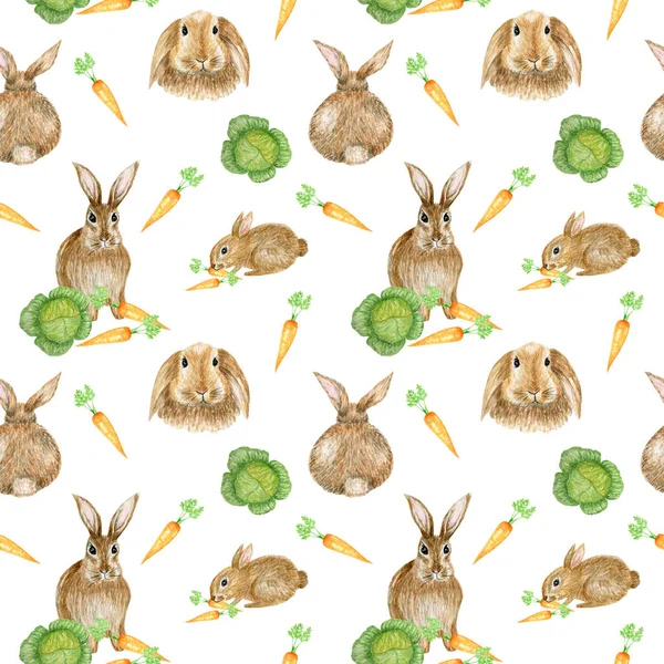 Akvarel sping Velikonoční králík bezešvé vzor. Scrapbook papír design s legrační králík a zelenina mrkev na bílém pozadí, tkanina na Velikonoce — Stock fotografie
