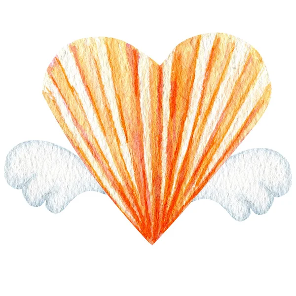 날개 모양의 인어공주 카드가 달린 워터 컬러 페이퍼 하트, 카드 컨셉이 마음에 드네요. 오렌지 복숭아 손은 흰 배경에 외따로 떨어져 있는 사랑의 마음을 그렸다. 결혼식이나 발렌틴 데이 깃발 포스터 디자인 — 스톡 사진