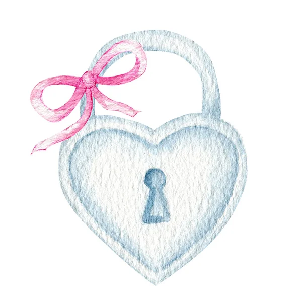ピンクリボン弓と水彩ハートロック南京錠ロマンス愛バレンタインデーコンセプト、白の背景に隔離されたイラスト — ストック写真
