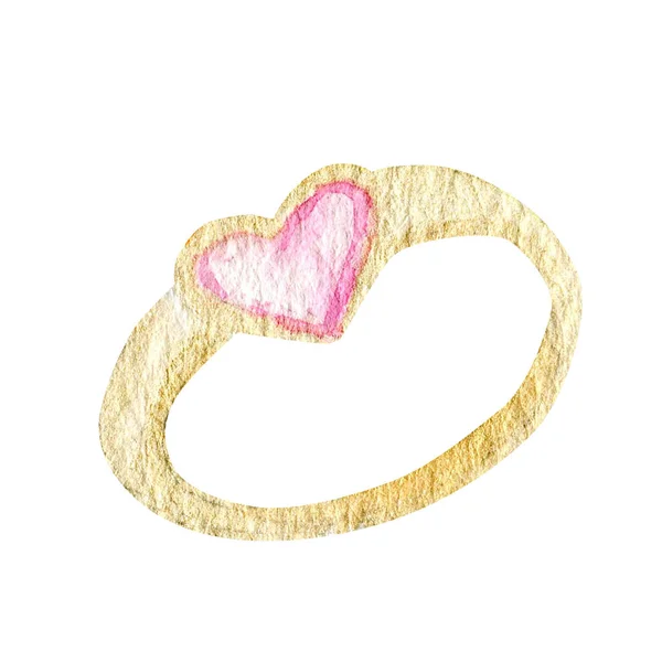 Anel de casamento de ouro com pedra preciosa coração rosa. Ilustração de aquarela isolada sobre fundo branco. Amor Dia dos Namorados símbolo — Fotografia de Stock