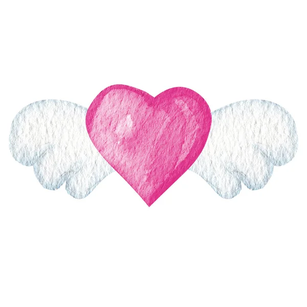 Watercolor paper heart with wings icon Greeting card, I love you card concept. Hand drawn pink Love heart isolated on white background. Wedding or Valentines Day banner, poster design — Stock Photo, Image