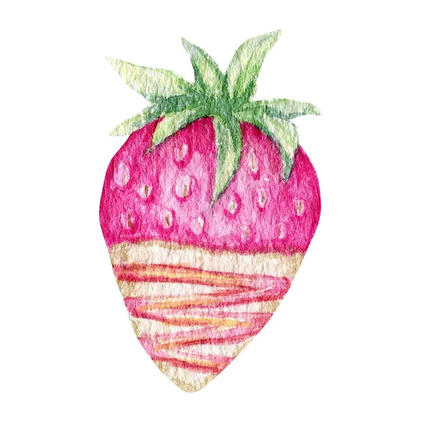 Erdbeerfrucht mit grünem Blatt und weißer Schokolade. Aquarell isolierte Illustration. Rosa reife frische Erdbeeren — Stockfoto