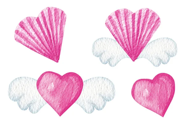 Akvarell papír szív szárnyak ikon készlet, üdvözlő kártya, Szeretem kártya koncepció. Kézzel rajzolt rózsaszín szerelem szív elszigetelt fehér háttérrel. Esküvő vagy Valentin napi transzparens, plakát tervezés — Stock Fotó