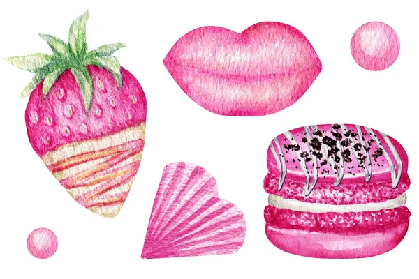 情人节设置，草莓果与绿色的叶子和白色巧克力，嘴唇，心脏，杏仁饼干。水彩画孤立的插图。粉红的爱甜 — 图库照片