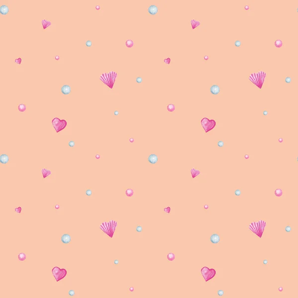 День Святого Валентина - безшовний шаблон. Любіть концепцію листівок. Текстура акварельного кольору для подрібнення. Весілля, банер, дизайн плакатів. Рожеві серця на персиковому фоні. — стокове фото