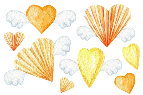 Corazón de papel acuarela con alas icono Tarjeta de felicitación, te amo concepto de tarjeta. Naranja melocotón amarillo Dibujado a mano Corazón de amor aislado sobre fondo blanco. Banner de boda o San Valentín, diseño de póster —  Fotos de Stock