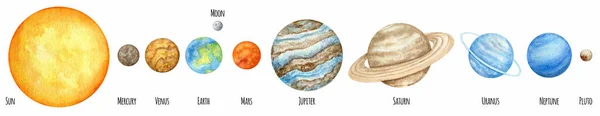 Akvarellplaneter i solsystemet. Yttre rymden planeten Merkurius Venus jorden Mars Jupiter Saturnus Uranus Neptune Pluto med Sun hand på vit bakgrund. Vårt utbildningsmaterial för galaxastronomi. — Stockfoto