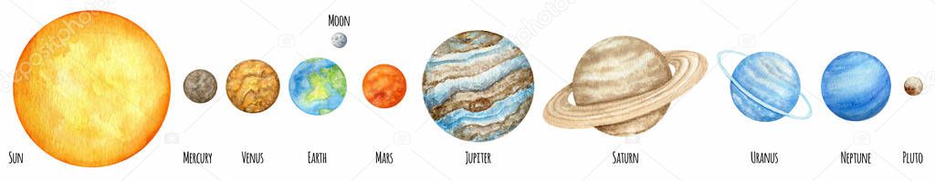 Watercolor planets of the solar system. Outer Space planet Mercury Venus Earth Mars Jupiter Saturn Uranus Neptune Pluto with Sun hand on white background. Our galaxy astronomy education material.