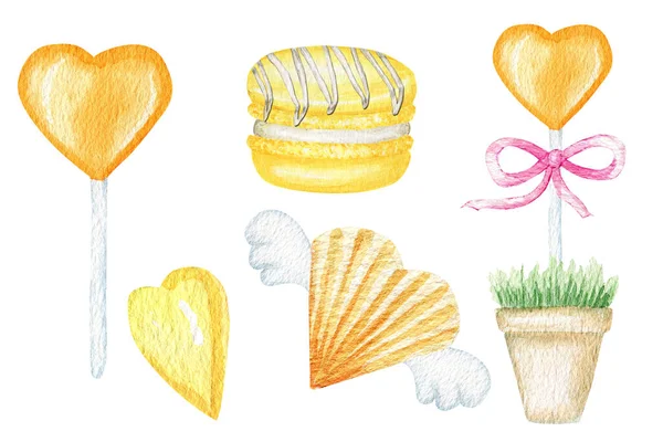 Valentýn, oranžová žlutá srdíčka, makarónová sušenka, lízátko, bonbóny. Izolovaný akvarel. Valentýnské sladkosti lásky — Stock fotografie