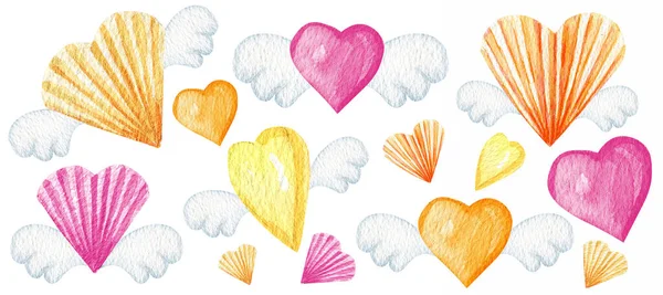 Corazón de papel acuarela con alas conjunto de iconos Te amo concepto de tarjeta de felicitación. Banner de boda o San Valentín, diseño de póster. Naranja melocotón amarillo corazones rosados Mano dibujada aislada sobre fondo blanco —  Fotos de Stock