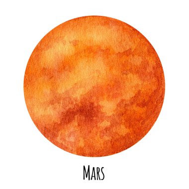 Güneş Sistemi 'nin Mars Gezegeni suluboya resmi beyaz arka planda izole edildi. Dış Uzay Gezegeni el çizimi. Galaksi astronomi eğitim materyalimiz.