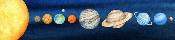 A Naprendszer akvarell bolygói. Külső űrbolygó Merkúr Vénusz Föld Mars Jupiter Szaturnusz Uránusz Neptun Plútó Sun kézzel éjszakai égbolt háttér. Galaxisunk csillagászati oktatóanyaga. — Stock Fotó