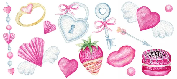 Set romántico de San Valentín, fruta de fresa, labios, corazones con alas, llave y cerradura, anillo de bodas, galleta macarrona. Ilustración aislada en acuarela. Dulces de amor rosa —  Fotos de Stock