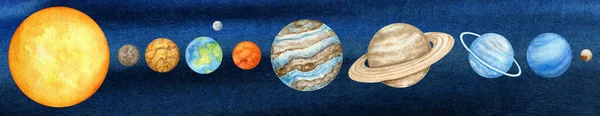 Aquarelplaneten van het zonnestelsel. Buitenplaneet Mercurius Venus Aarde Mars Jupiter Saturnus Uranus Neptunus Pluto met Zon hand in hand op nacht hemel achtergrond. Ons sterrenstelsel astronomie onderwijs materiaal. — Stockfoto