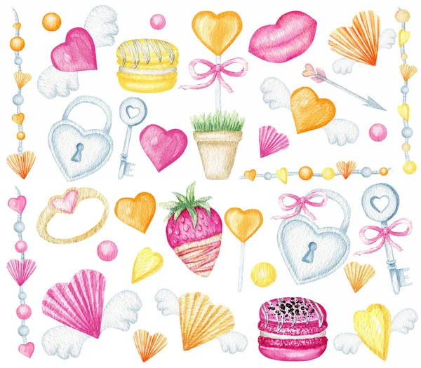 Valentijnsdag romantische set, Aardbeienfruit, lippen, harten met vleugels, sleutel en slot, trouwring, snoepjes, macaroon koekje. Aquarel geïsoleerde illustratie. Roze Geel Oranje liefde snoepjes — Stockfoto