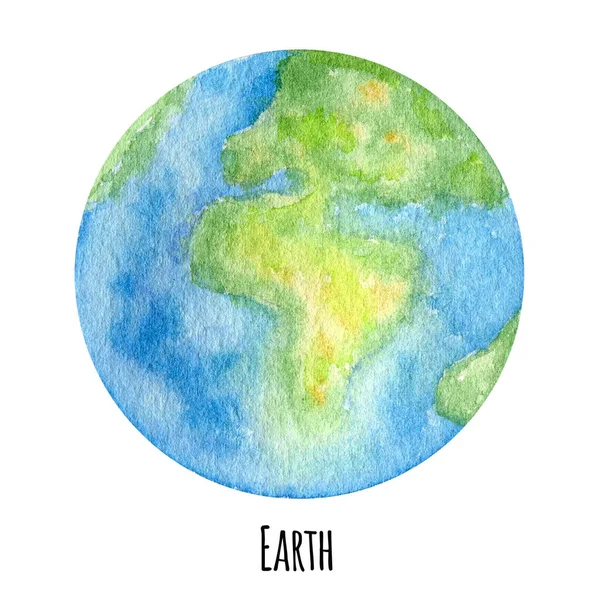 지구 행성 (Earth Planet of the Solar System watercolor): 물의 별자리. 글로벌 심볼, 세계 지도, 녹색 지구의 날 개념 흰색 배경에 관한. 외계 행성들, 우리 은하 천문학 교육 자료. — 스톡 사진