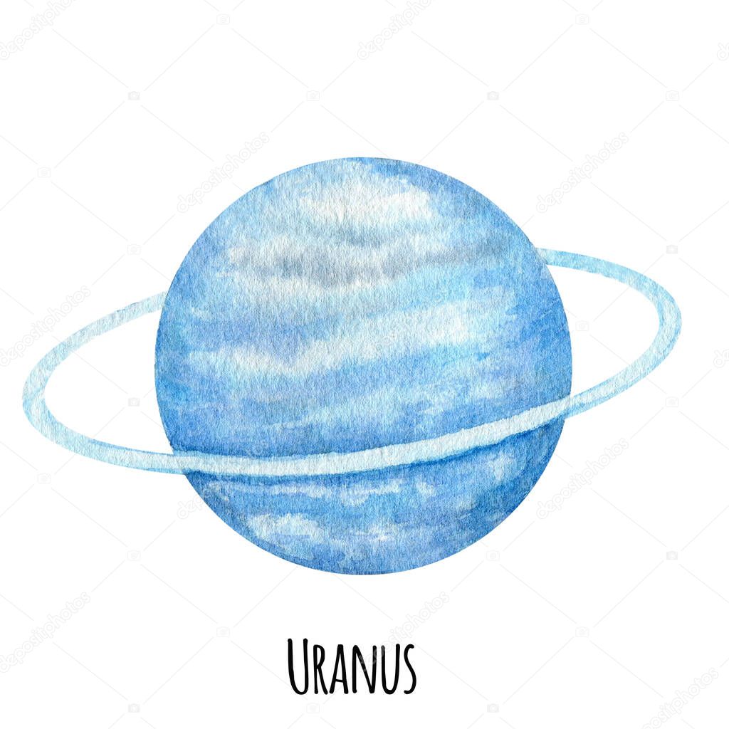Uranus Planet of the Solar System watercolor isolated illustration on white background. Outer Space planet hand drawn. Our galaxy astronomy education material.