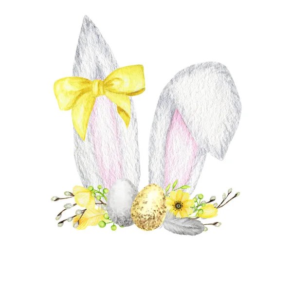 Akvarel Velikonoční zajíček uši s květinovou korunou a vejce izolované ilustrace na bílém pozadí. Ručně malované karikatury Jarní prázdniny Králičí uši — Stock fotografie