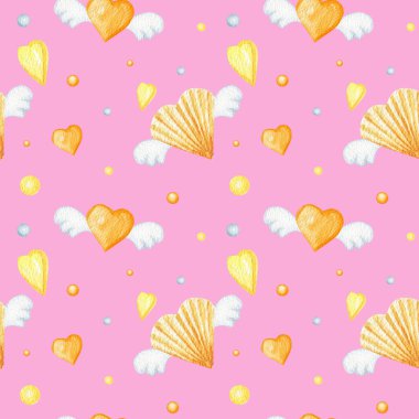 Kusursuz kalp sevgililer günü, tebrik kartı konseptine bayılırım. Albüm koleksiyonu için suluboya doku. Düğün, afiş, poster tasarımı. Pembe arka planda el çizilmiş sarı kalpler